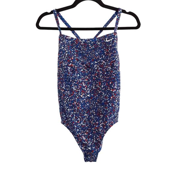 Nike Hydrastrong One Piece Swimsuit Pixel Party Crossback Cutout Sz M Patriotic - Picture 2 of 9